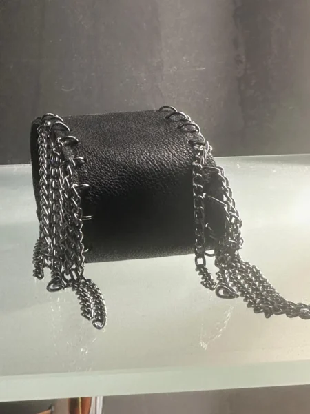 Black textured leather Chihuahua bracelet with dark silver chains – view 2