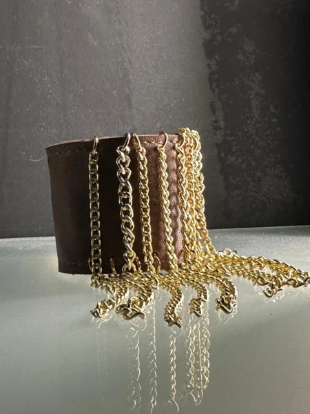 Light brown leather Chihuahua bracelet with draped gold chains