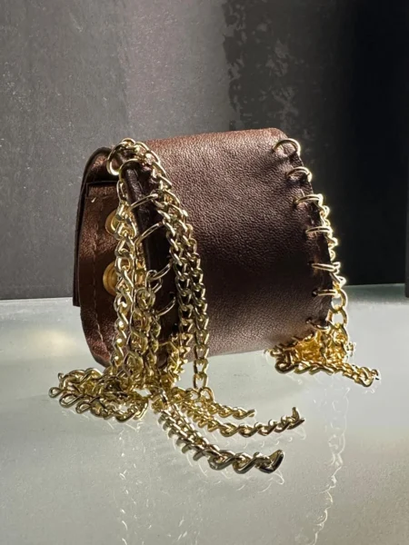Light brown leather Chihuahua bracelet with draped gold chains – view 2