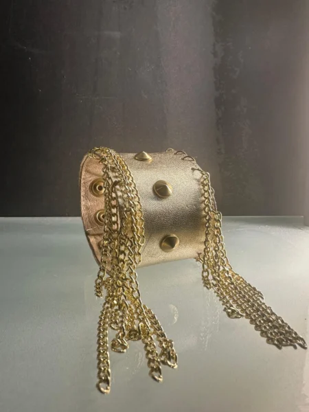 Metallic gold leather Chihuahua bracelet with gold chains and studs – view 2
