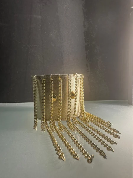 Metallic gold leather Chihuahua bracelet with gold chains and studs