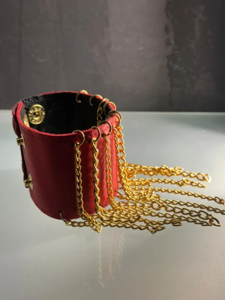 Red leather Chihuahua bracelet with hand-laced detail and gold chains – view 2