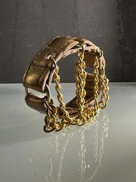 Metallic copper leather bracelet with gold hardware and draped chains – view 2