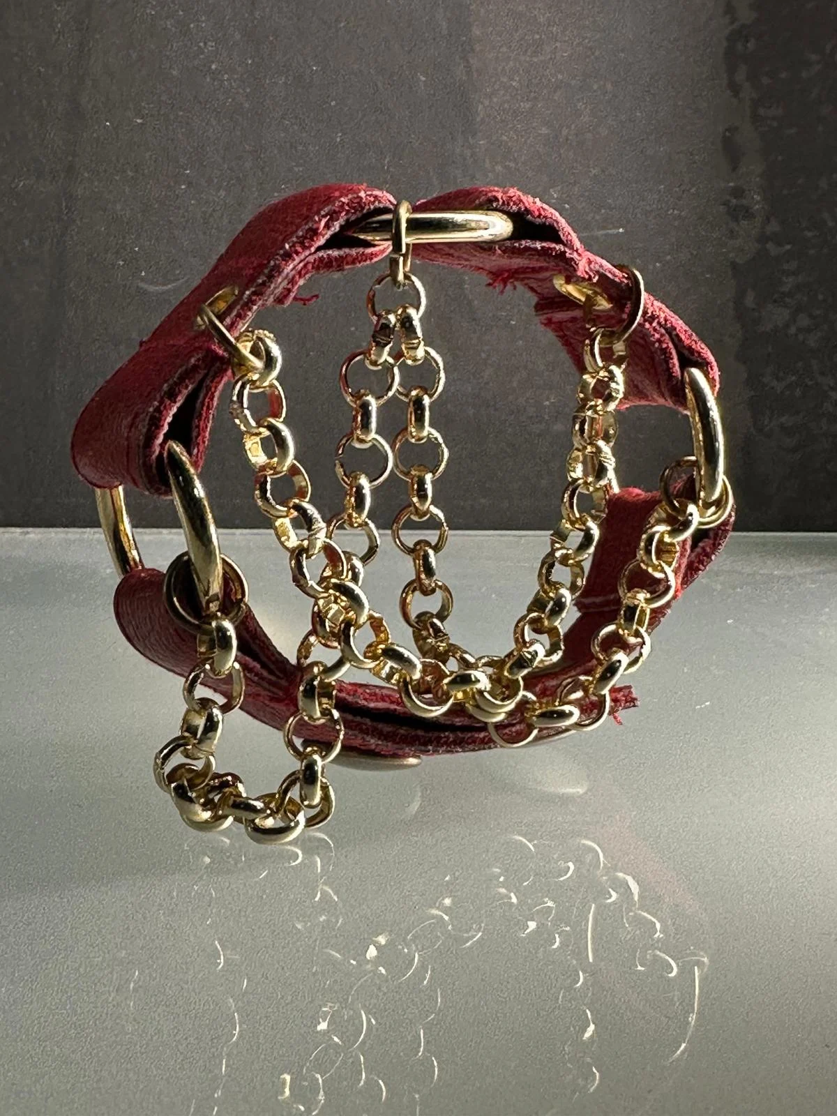 Crimson red leather chain bracelet with gold-tone chains and O-rings – view 3