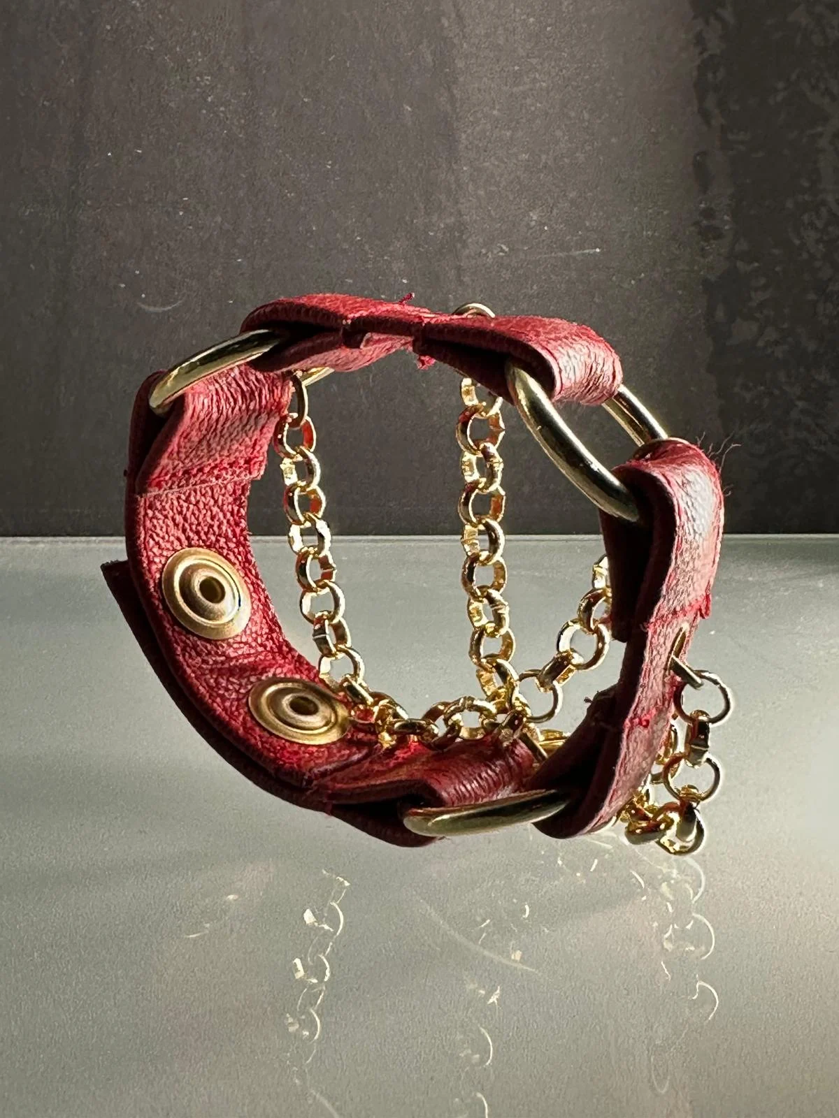 Crimson red leather chain bracelet with gold-tone chains and O-rings – view 2