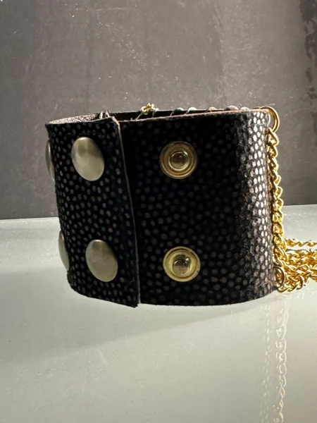 Brown textured leather Chihuahua bracelet with gold chains – view 2