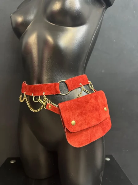Crimson red suede chain belt bag with gold rings and detachable pouch