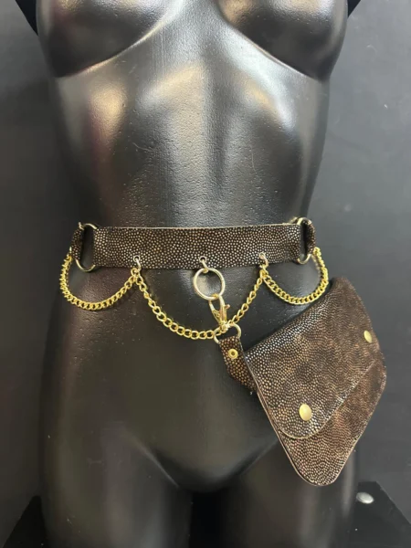 Espresso brown textured leather belt bag with gold chains and hardware – view 2