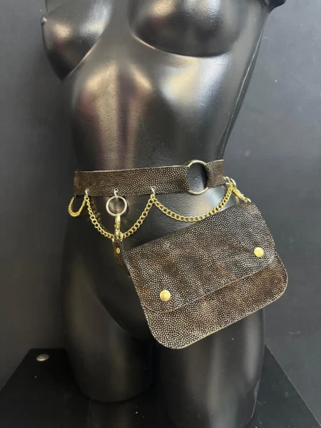Espresso brown textured leather belt bag with gold chains and hardware