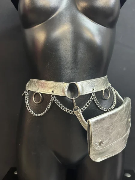 Silver Ice reflective metallic silver leather belt bag with silver-tone chains – view 2