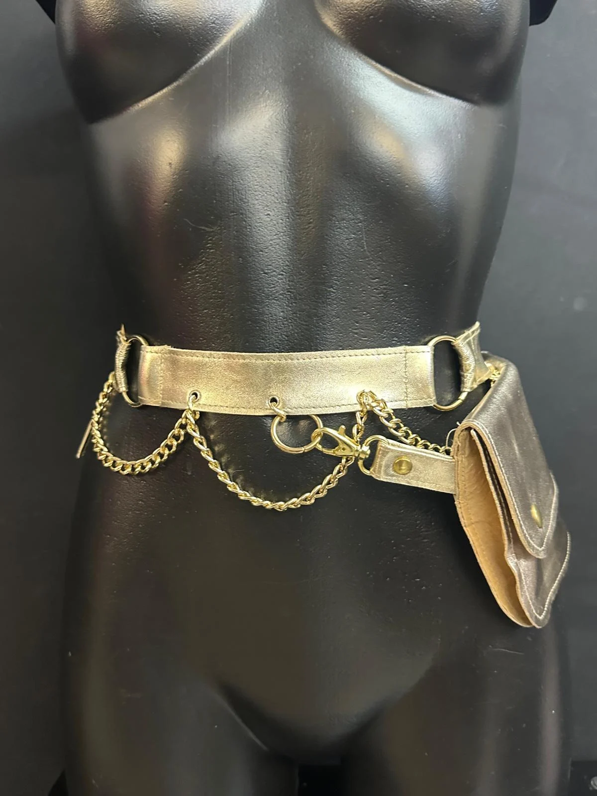 Golden Aura metallic gold leather belt bag with gold-tone chains and circular hardware – view 3