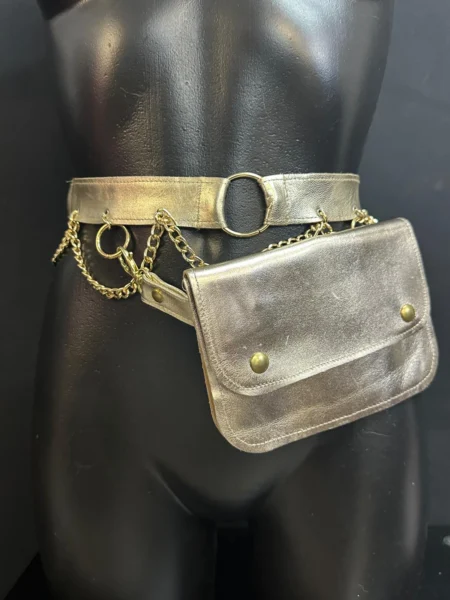 Golden Aura metallic gold leather belt bag with gold-tone chains and circular hardware