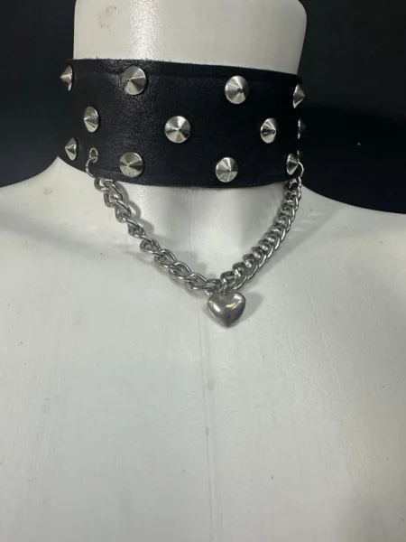 Black leather choker necklace with silver studs, steel chain and heart charm – view 2