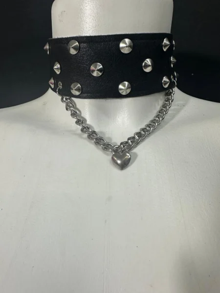 Black leather choker necklace with silver studs, steel chain and heart charm