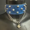 Electric sapphire blue studded leather choker with steel chain and fish pendant