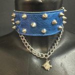 Electric sapphire blue studded leather choker with steel chain and fish pendant