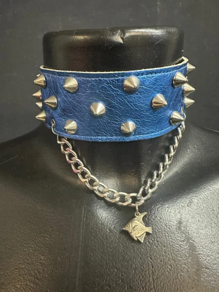 Electric sapphire blue studded leather choker with steel chain and fish pendant