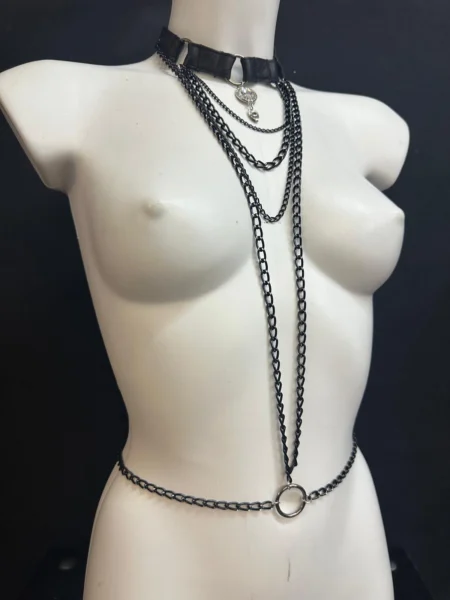 Black Edition leather body chain with layered black chains and central ring – view 2