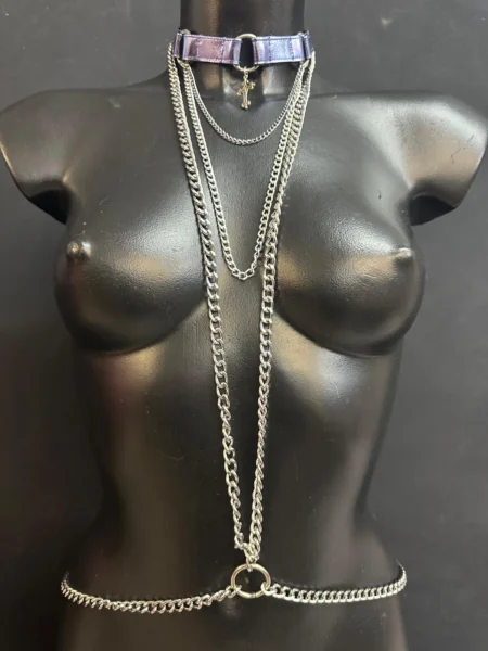 Iridescent orchid leather body chain with layered silver chains and center ring