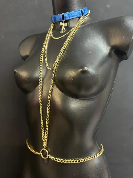 Electric cobalt blue leather body chain with cascading gold chains and waist ring