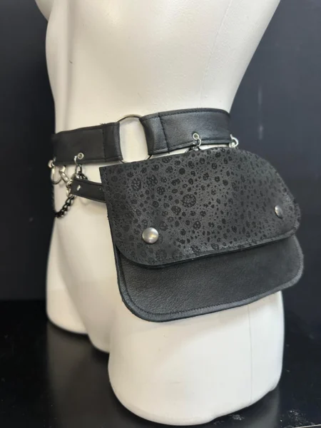 Black Eclipse textured black leather belt bag with silver hardware