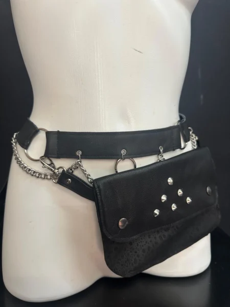 Silver Shadow black leather belt bag with silver studs, rings and chain – view 2