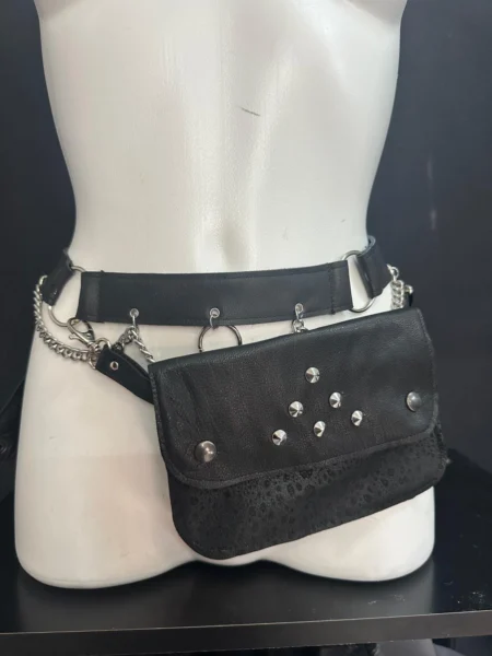 Silver Shadow black leather belt bag with silver studs, rings and chain
