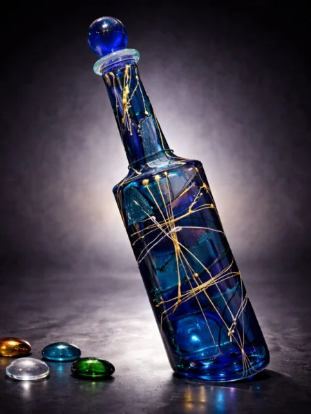 Incline Edition tilted hand painted glass bottle in luminous blue with golden lines